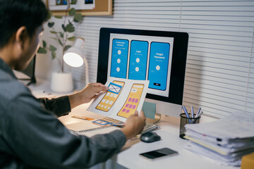 Poster - Ux developer comparing mobile application interface sketch on paper with design on computer screen. He is working on new prototype for mobile application