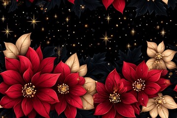 Wall Mural - Seamless pattern, A festive, elegant illustration featuring vibrant red and gold poinsettia flowers surrounded by dark leaves.