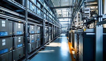 Poster - Modern data center with rows of server racks and high-tech equipment, showcasing advanced technology and organized storage solutions.