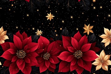 Wall Mural - Seamless pattern, A festive, elegant illustration featuring vibrant red and gold poinsettia flowers surrounded by dark leaves.