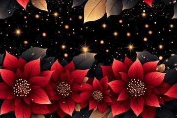 Wall Mural - Seamless pattern, A festive, elegant illustration featuring vibrant red and gold poinsettia flowers surrounded by dark leaves.