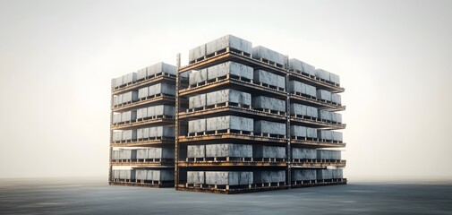 Poster - Stacked wooden pallets organized in a warehouse, showcasing efficient storage and logistics management. Ideal for industry-related images.