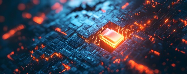 Poster - Stunning close-up of a glowing computer chip on a circuit board, showcasing intricate details and vibrant colors of modern technology.