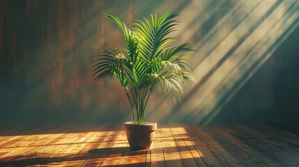 Green palm tree in a pot on a wooden floor.