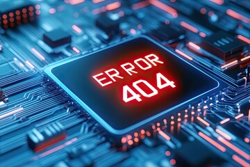 Poster - Error 404 Message Displayed on a Futuristic Circuit Board With Glowing Lights and Intricate Details