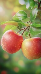 Aufkleber - Fresh Apples With Water Droplets Glistening on a Branch Surrounded by Vibrant Green Leaves