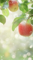 Aufkleber - Fresh Ripe Apples With Water Droplets on a Branch Surrounded by Green Leaves in a Garden