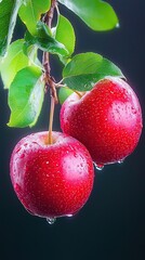 Aufkleber - Fresh Ripe Apples With Water Droplets Hanging From a Branch in Vibrant Green Foliage