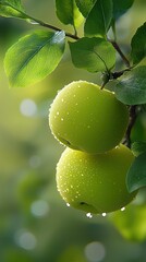 Aufkleber - Fresh Green Yellow Apples Glistening With Water Droplets on a Branch Surrounded by Lush Leaves
