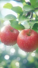 Aufkleber - Fresh Red Apples With Water Droplets Hanging From a Branch Surrounded by Vibrant Green Leaves