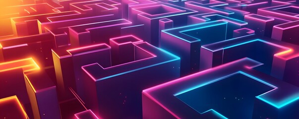 Poster - Vibrant neon maze pattern with glowing edges, perfect for backgrounds or futuristic designs in digital art.