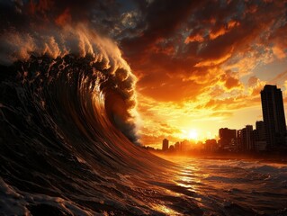 Poster - Dramatic wave at sunset over city skyline