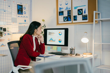 Poster - Young professional is working late in her office, reviewing financial data and charts displayed on her desktop computer