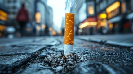 a half-smoked cigarette with smoke rising from it lies discarded on the pavement of a busy city stre