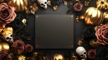 Blank mockup template of an invitation card surrounded by gothic roses, golden pumpkins, and softly glowing skulls.