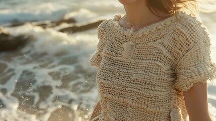 beautiful girl in a knitted sweater on the background of the sea