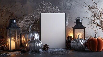 Blank mockup template of an invitation card placed on a table with silver cobwebs, velvet pumpkins, and glowing lanterns.