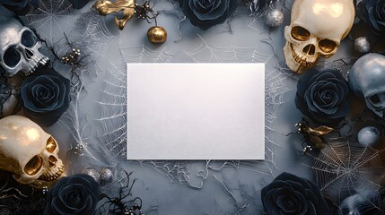 Blank mockup template of an invitation card surrounded by silver cobwebs, golden skulls, and dark roses with soft lighting.