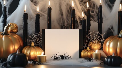 Blank mockup template of an invitation card surrounded by black candles, golden pumpkins, and spider webs, with soft lighting.