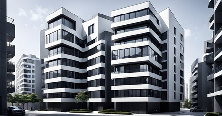 modern real estate apartment building in clean geometric forms in black and white