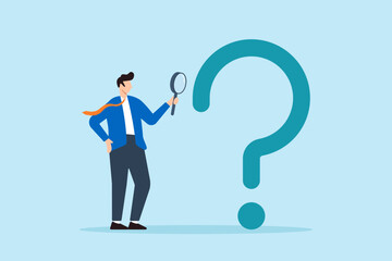 Poster - Flat illustration of businessman analyzes question mark with magnifying glass searching for solutions to problems or challenges