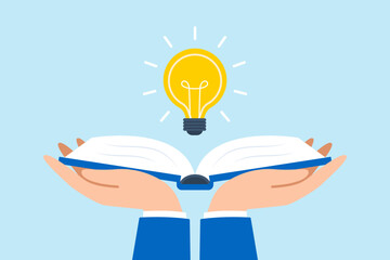 Poster - Flat illustration of hand holds open book to discover lightbulb idea representing knowledge and learning for inspiration