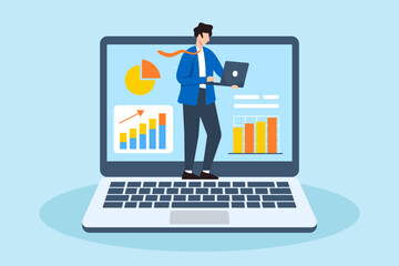 Poster - Flat illustration of businessman investor examines financial chart on laptop searching for profit opportunities in data analysis