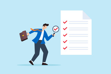 Poster - Flat illustration of businessman with magnifier inspects document check quality assurance and research for proof