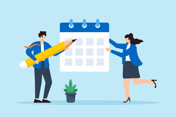Poster - Flat illustration of businessman and businesswoman carry big calendar with pencil planning their project schedule and deadlines
