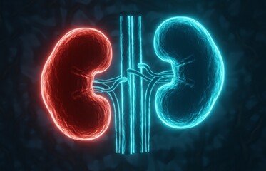 Glowing red human kidney on blue background. X-ray hologram. Kidney disease concept. 3d-rendering