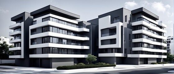 modern real estate apartment building in clean geometric forms in black and white