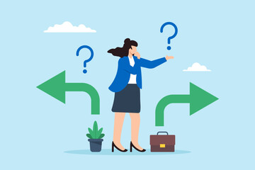 Poster - Flat illustration of businesswoman contemplates tough decisions about career path considering options and outcomes
