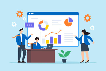 Poster - Flat illustration of business people examine market data chart and graph conducting marketing research for product launch