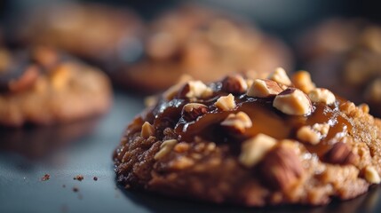 Close-up of Cookie with Nuts and Caramel Drizzle