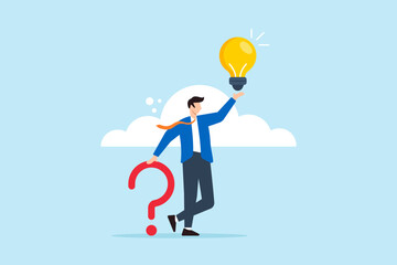 Poster - Flat illustration of smart businessman holds question mark sign alongside lightbulb representing creative problem-solving ideas