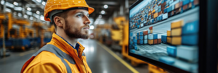 A dedicated warehouse worker observes shipping container data on a display while donning safety gear in a bustling logistics environment