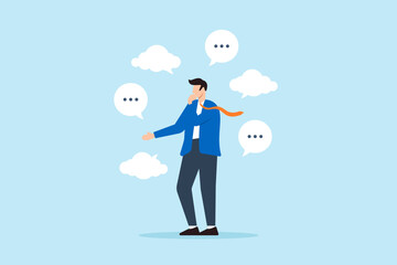 Poster - Flat illustration of businessman contemplates with multiple thinking bubbles feeling overwhelmed by various ideas and issues