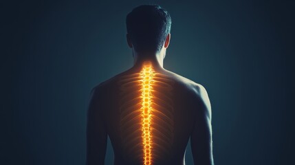 Poster - Shirtless man standing back to camera with highlighted spine, emphasizing back pain and importance of healthcare. Image shows anatomy and prompts wellness consideration