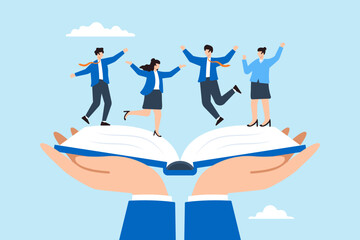 Poster - Flat illustration of businessman holds employee handbook providing onboarding procedures to new hires for company success