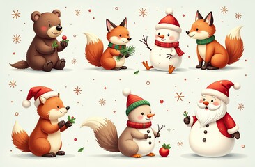 Christmas collection with cute animals: bear, fox, squirrel, bird, Santa Claus, Snowman and christmas decorative elements