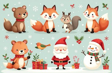 Christmas collection with cute animals: bear, fox, squirrel, bird, Santa Claus, Snowman and christmas decorative elements