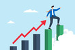 © VZ_Art - Flat illustration of businessman steps on rising graph looking for next goal and motivating for future success