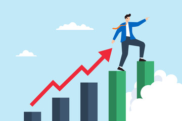 Poster - Flat illustration of businessman steps on rising graph looking for next goal and motivating for future success
