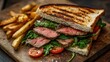 © วรรณภา มะโนศรี - Grilled Steak Sandwich with Fries on Wooden Board