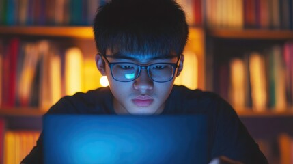 Focused young man working diligently on a laptop