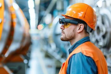 Engineer in safety gear and augmented reality glasses working in a modern factory, focusing on technology and innovation in manufacturing.