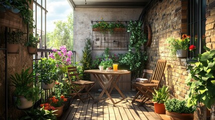 Poster - A delightful rustic balcony showcasing a foldable table, vintage chairs, and vibrant plants, creating an inviting space for relaxation and conversation.