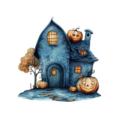 scary pumpkin house vector illustration in watercolor style