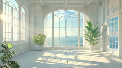 Wall Mural - interior room with sea view and green plants.