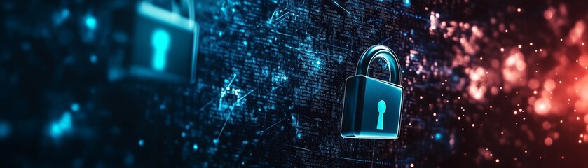 A binary code and a glowing padlock on digital technology landscape.